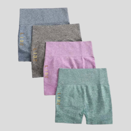 4 pairs of Seamless gym shorts with marbled pattern displaying 4 different available colour options such as blue, grey, pink and green with a golden brand logo on the right hand side of the leg going up vertically.