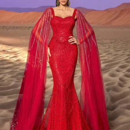 sequin evening gown with sweetheart neckline, cloak sleeves, and mermaid hem from the Élevé Collection by L13E.
